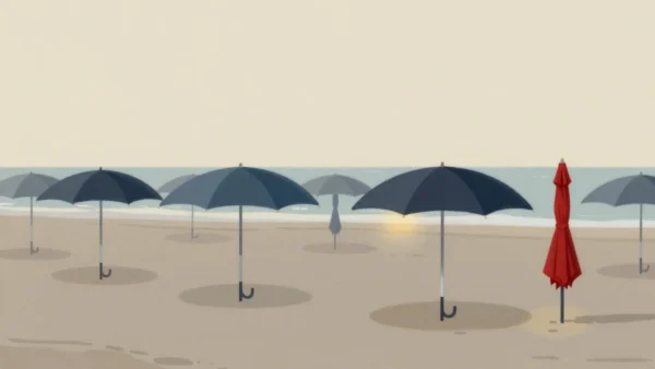 Gouache painting of a row of open beach umbrellas with one closed vermilion umbrella at the end