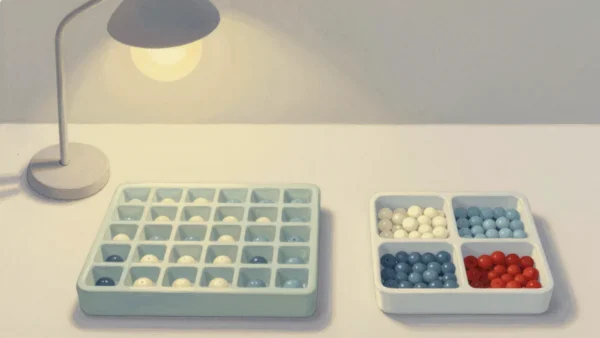Gouache painting of a bead tray with tiny cells beside a tray of four large compartments, one vermilion