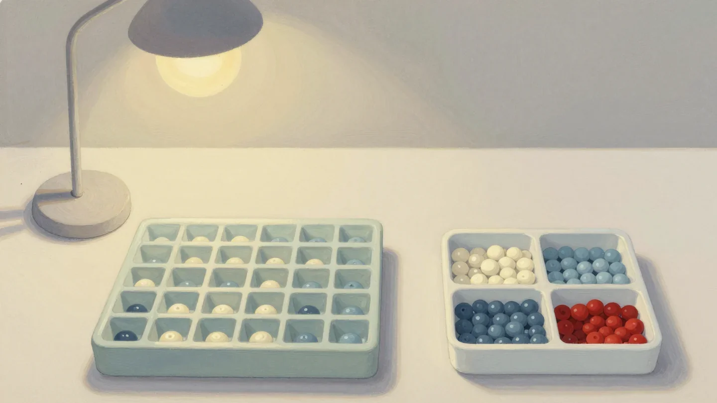 Gouache painting of a bead tray with tiny cells beside a tray of four large compartments, one vermilion