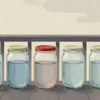 Gouache painting of a row of glass jars of rainwater on a porch rail, one with a vermilion lid