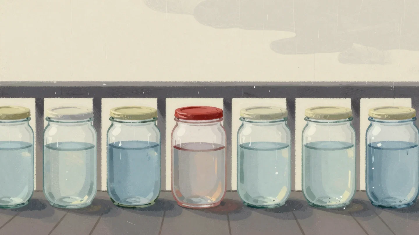 Gouache painting of a row of glass jars of rainwater on a porch rail, one with a vermilion lid