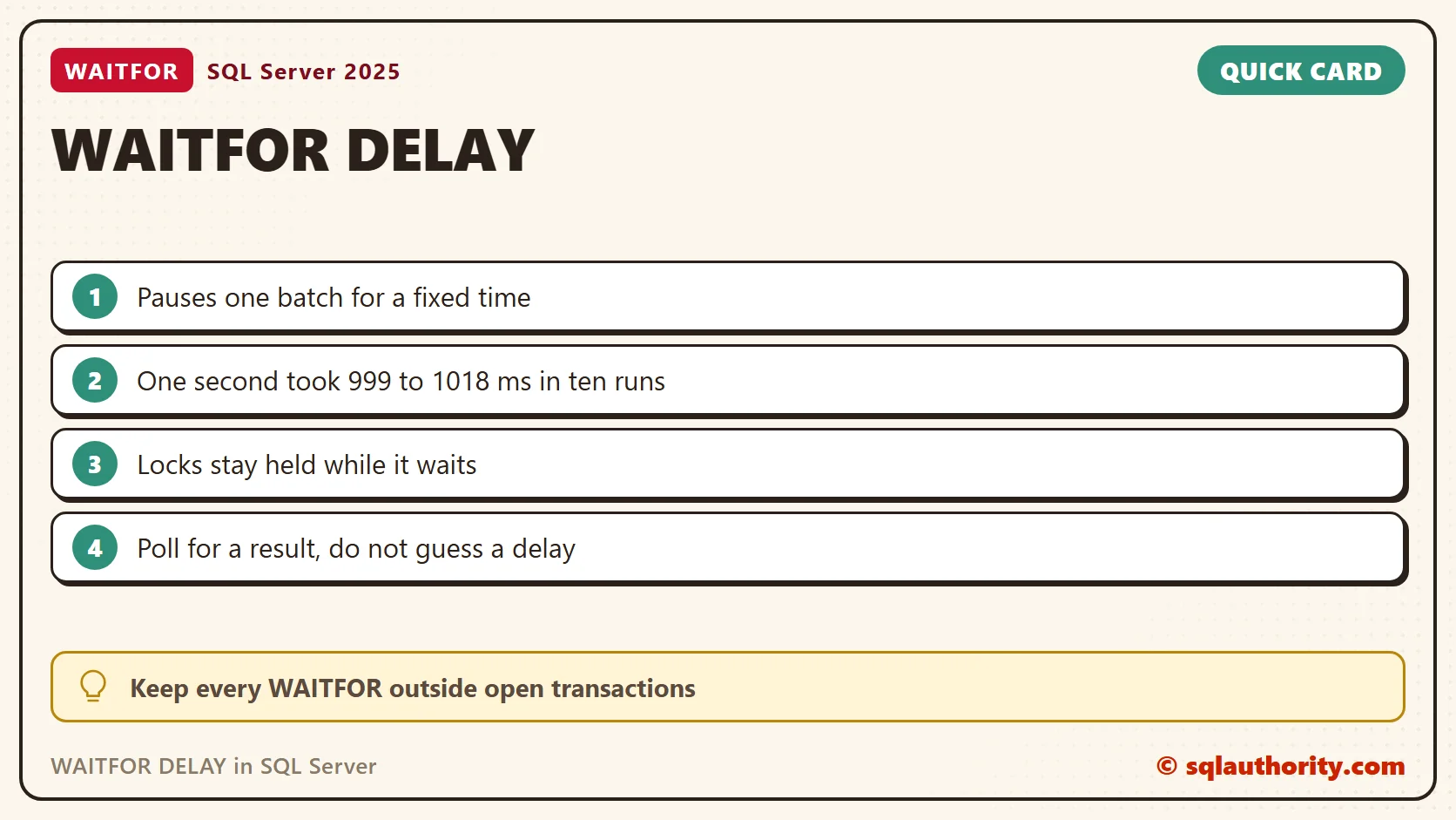 Quick reference card: WAITFOR DELAY