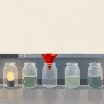 Gouache painting of a row of glass jars with different water levels along a wall, one under a vermilion funnel