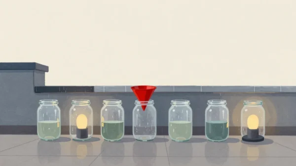 Gouache painting of a row of glass jars with different water levels along a wall, one under a vermilion funnel