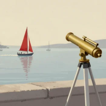 Gouache painting of a telescope on a harbor wall watching one vermilion sailboat move among anchored boats
