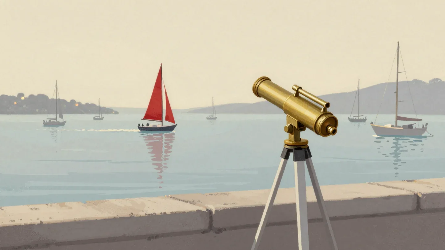 Gouache painting of a telescope on a harbor wall watching one vermilion sailboat move among anchored boats