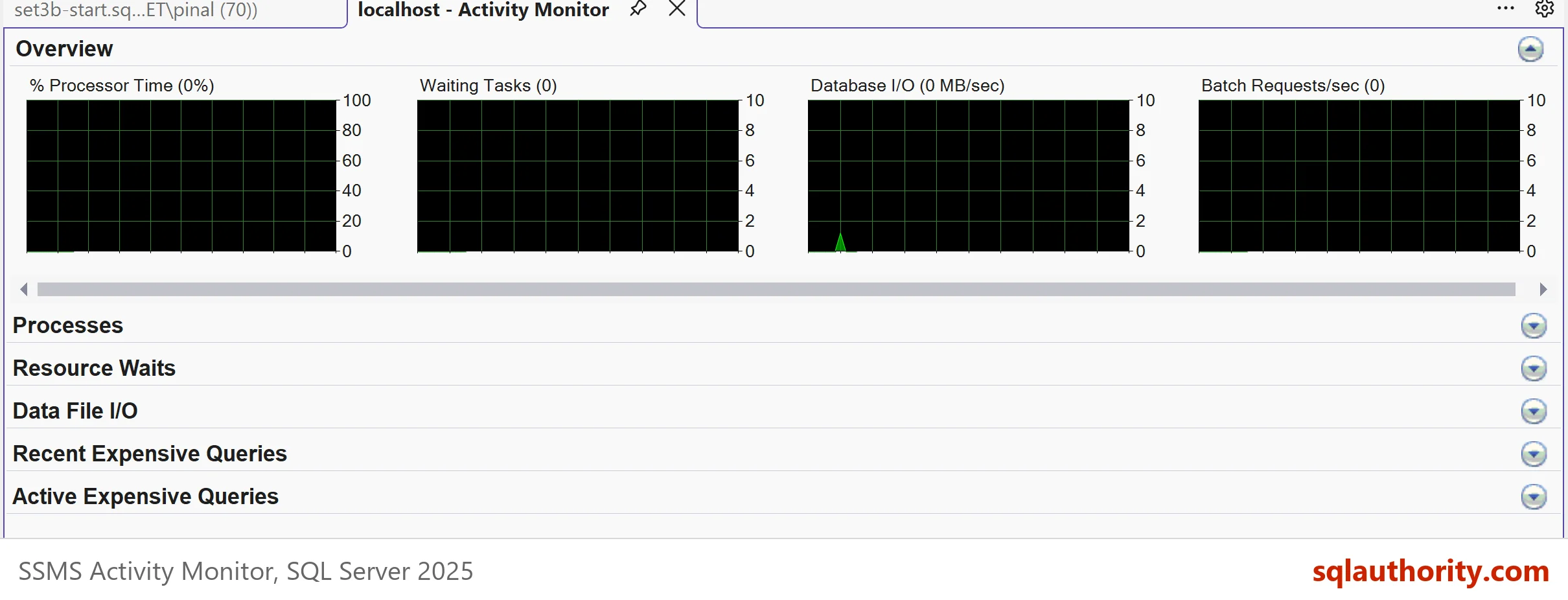 Activity Monitor tab in SSMS: the Overview graphs (Processor Time, Waiting Tasks, Database I/O, Batch Requests/sec) above the five collapsed panes Processes, Resource Waits, Data File I/O, Recent Expensive Queries and Active Expensive Queries.