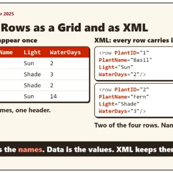 A grid of four plants with its column names in one red header, beside the same rows as XML where PlantID, PlantName, Light and WaterDays repeat inside every row element