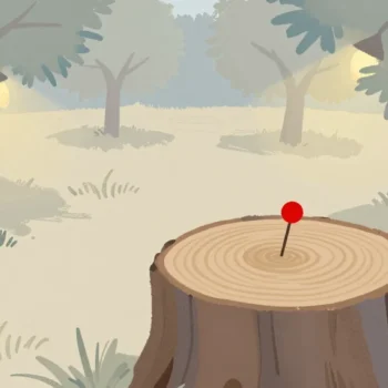 Gouache painting of a cut tree stump with rings and a vermilion pin at the center