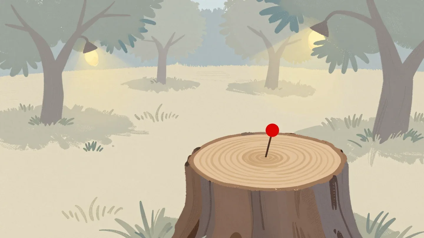Gouache painting of a cut tree stump with rings and a vermilion pin at the center