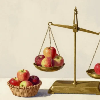 Gouache painting of a balance scale with apples and a small red basket collecting the apples that changed