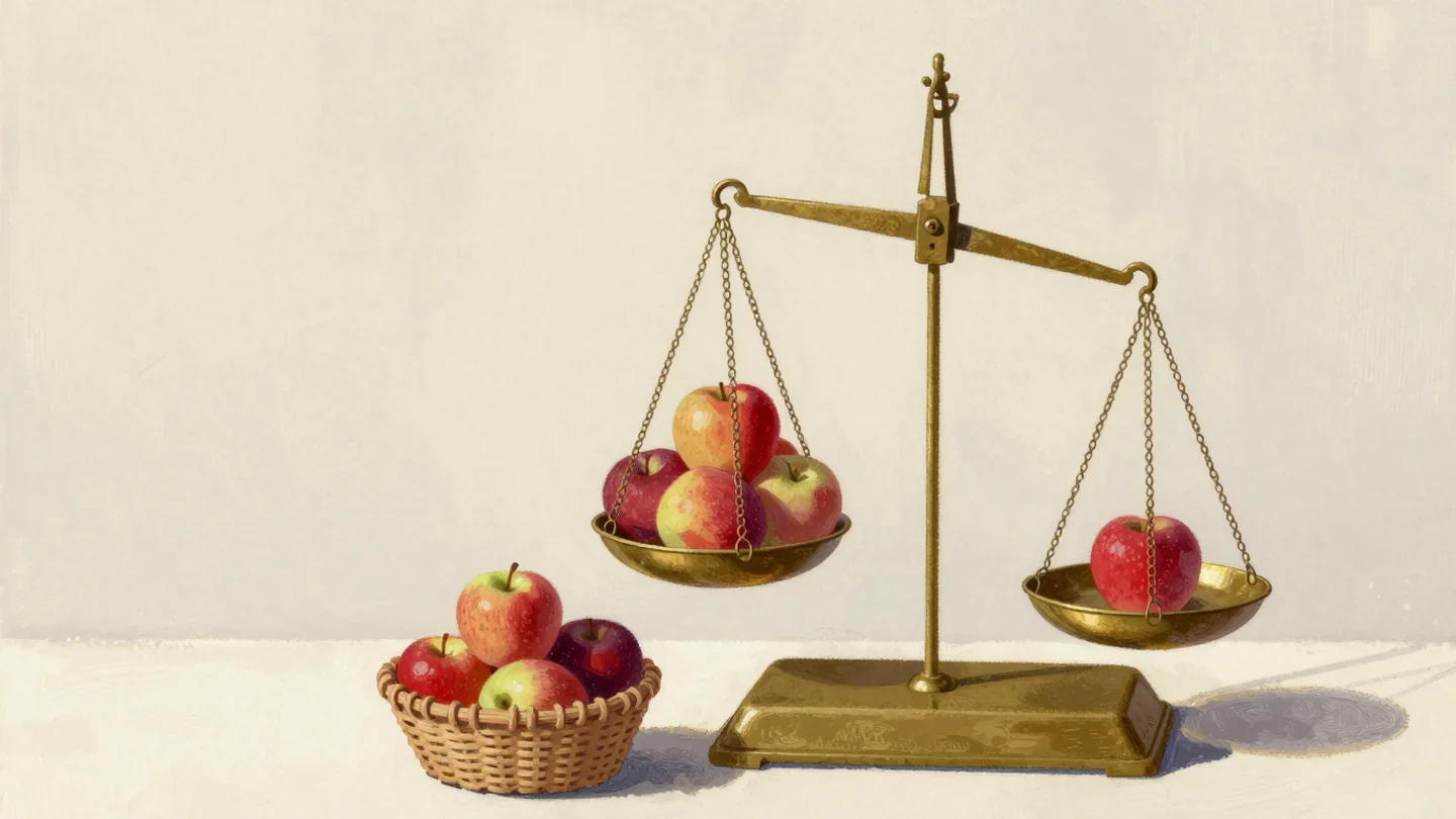 Gouache painting of a balance scale with apples and a small red basket collecting the apples that changed
