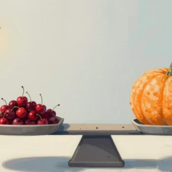 Gouache painting of a balance with a bowl of many small cherries on one pan and one giant orange pumpkin on the other