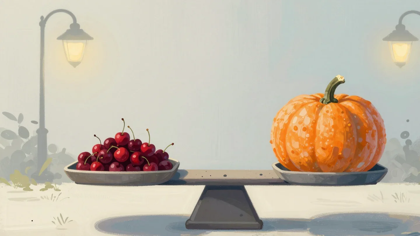 Gouache painting of a balance with a bowl of many small cherries on one pan and one giant orange pumpkin on the other