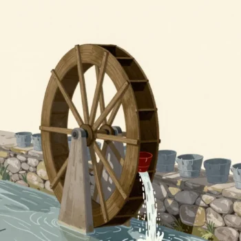 Gouache painting of a water wheel at a stream mill with a single vermilion bucket among gray ones