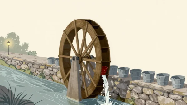 Gouache painting of a water wheel at a stream mill with a single vermilion bucket among gray ones