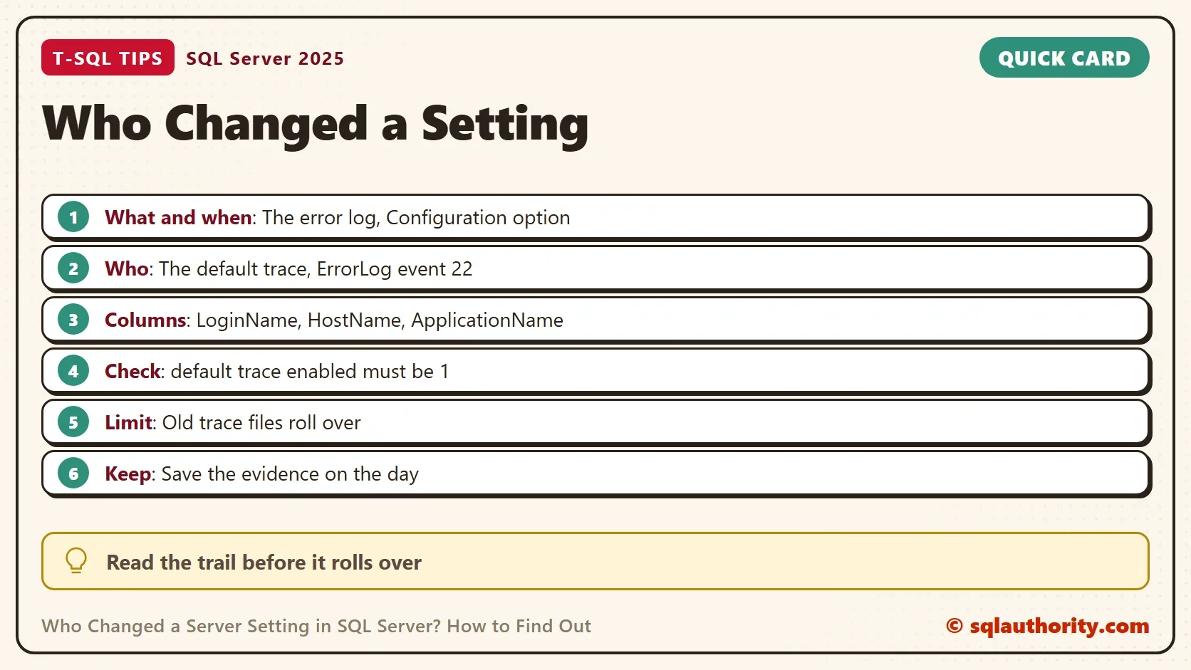 Quick card titled Who Changed a Setting: What and when: The error log, Configuration option. Who: The default trace, ErrorLog event 22. Columns: LoginName, HostName, ApplicationName. Check: default trace enabled must be 1. Limit: Old trace files roll over. Keep: Save the evidence on the day. Read the trail before it rolls over.
