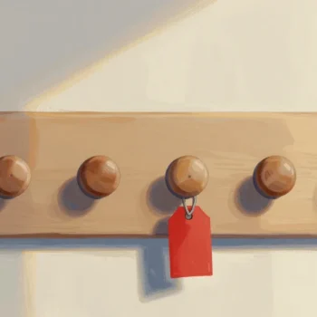 Gouache painting of a wooden board with five round wooden knobs on a cream wall, a blank vermilion tag hanging from the middle knob
