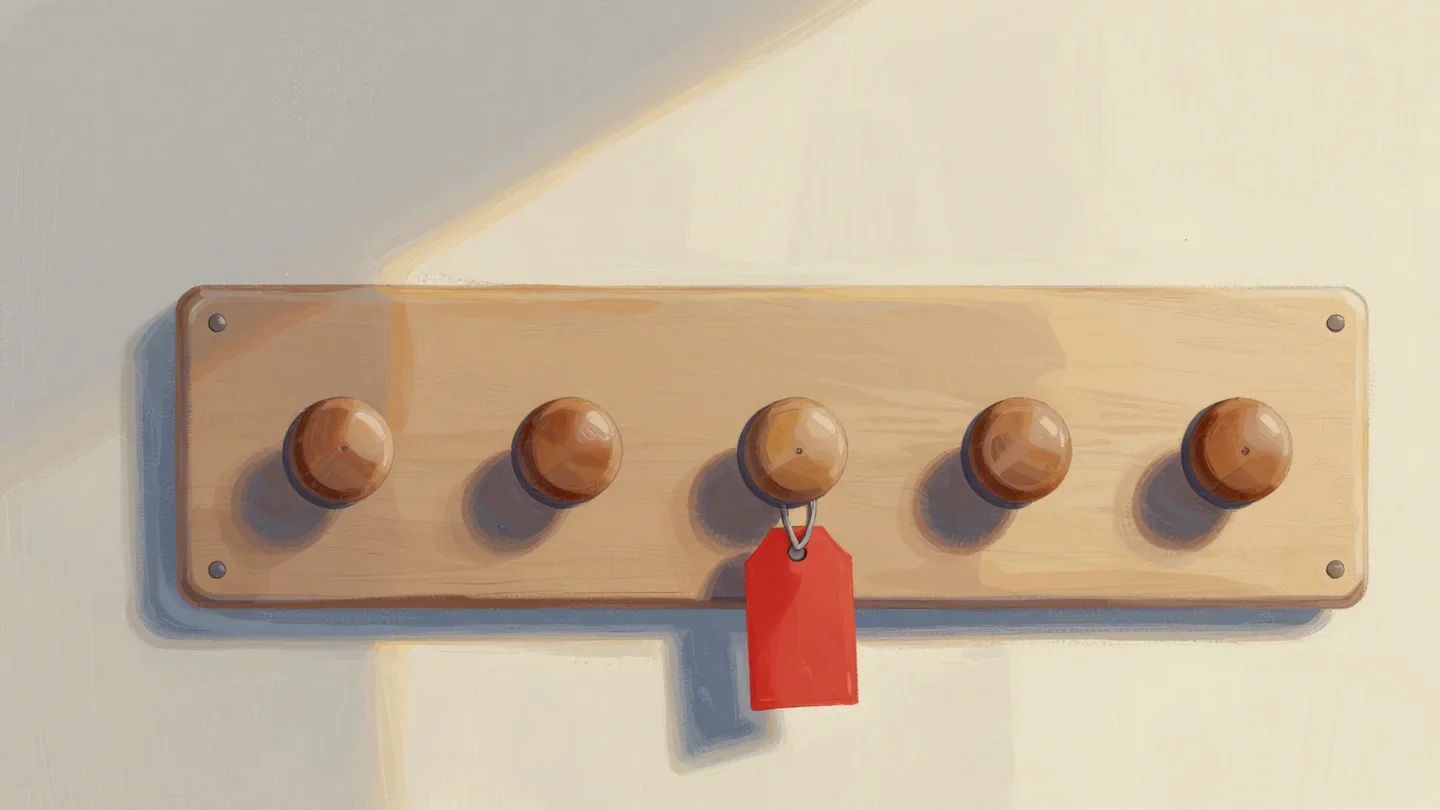 Gouache painting of a wooden board with five round wooden knobs on a cream wall, a blank vermilion tag hanging from the middle knob