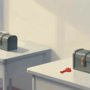 Gouache painting of a locked chest with a red key beside it and an identical locked chest with no key on another table