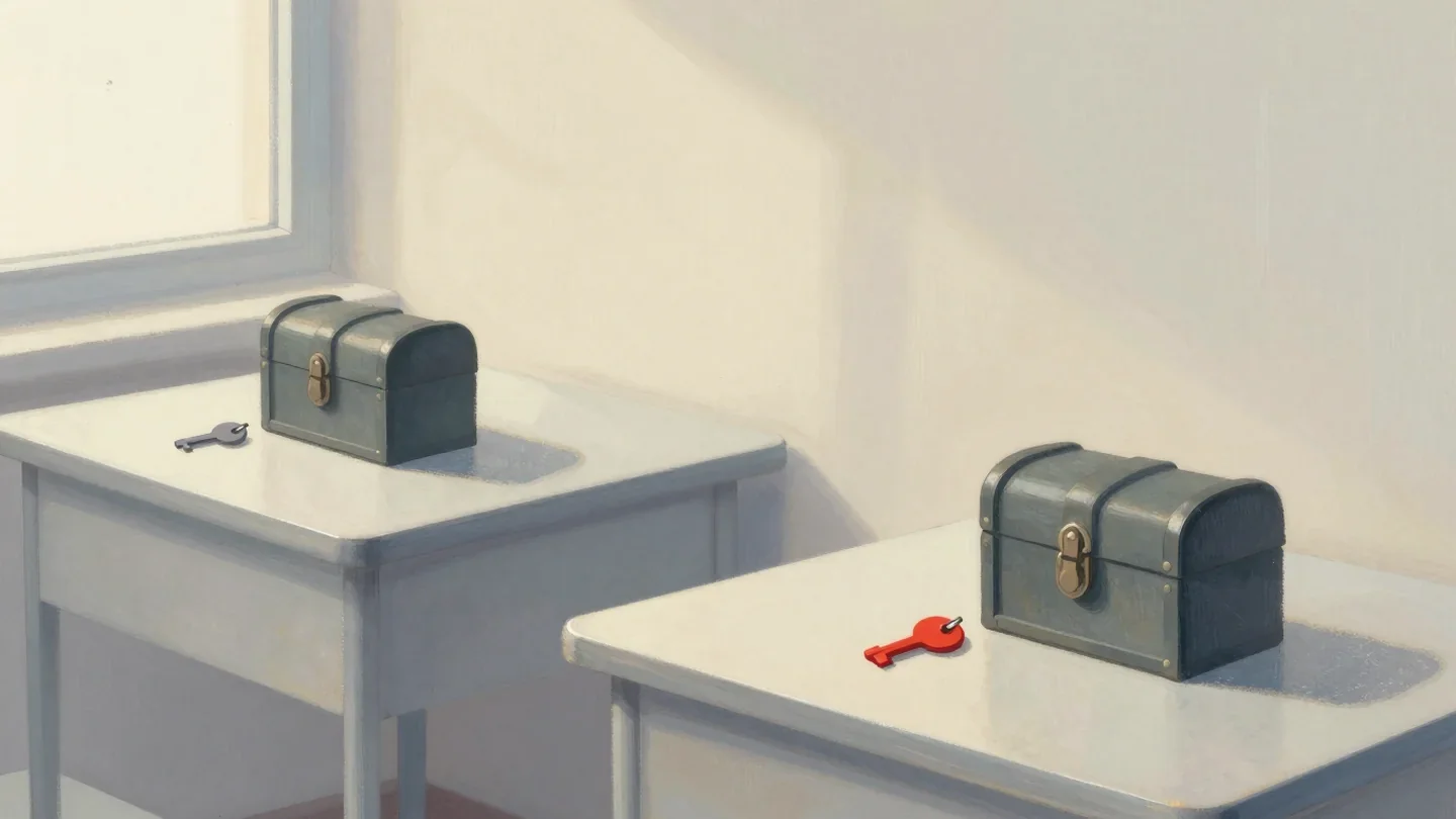 Gouache painting of a locked chest with a red key beside it and an identical locked chest with no key on another table