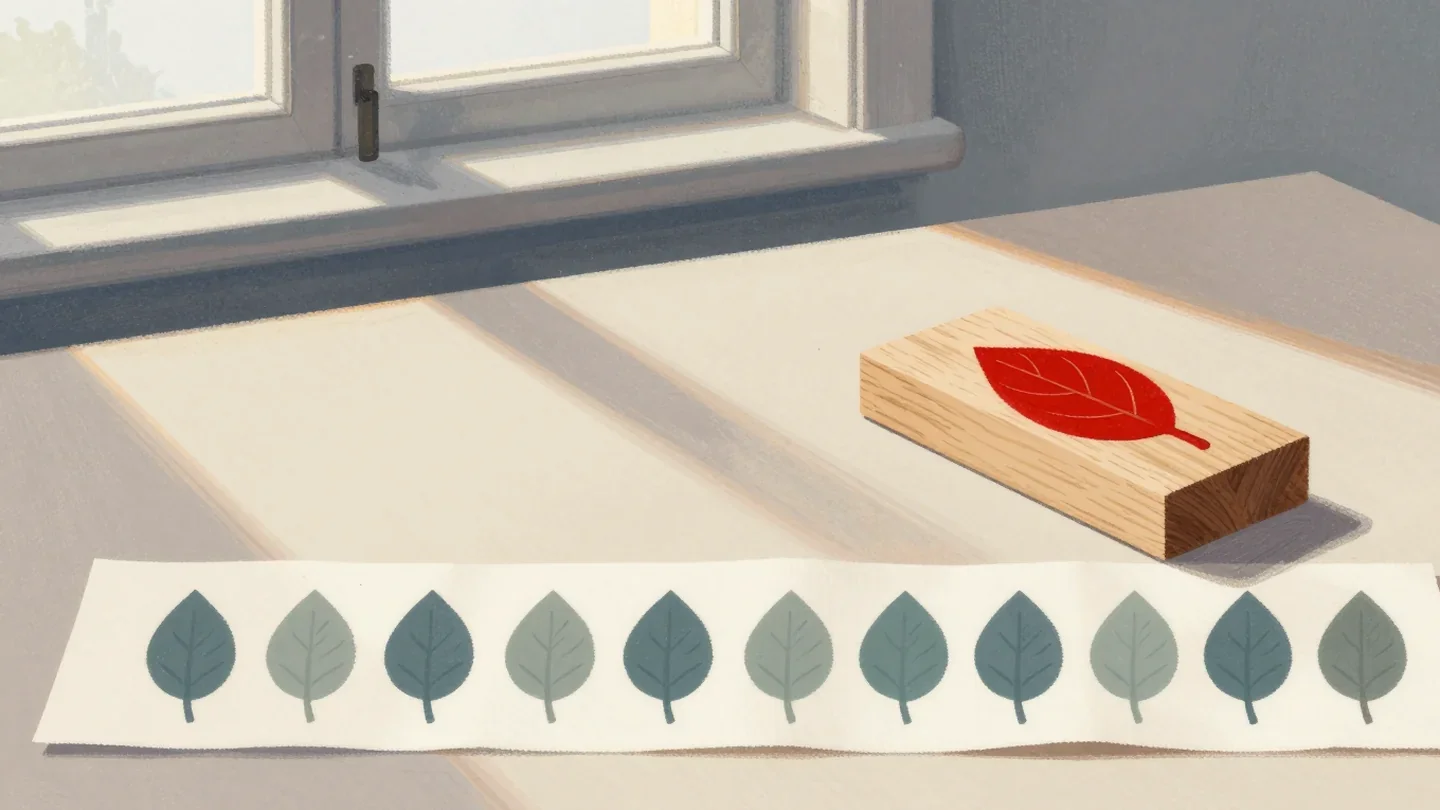Gouache painting of a carved red block beside a strip of cloth printed with a row of identical leaves