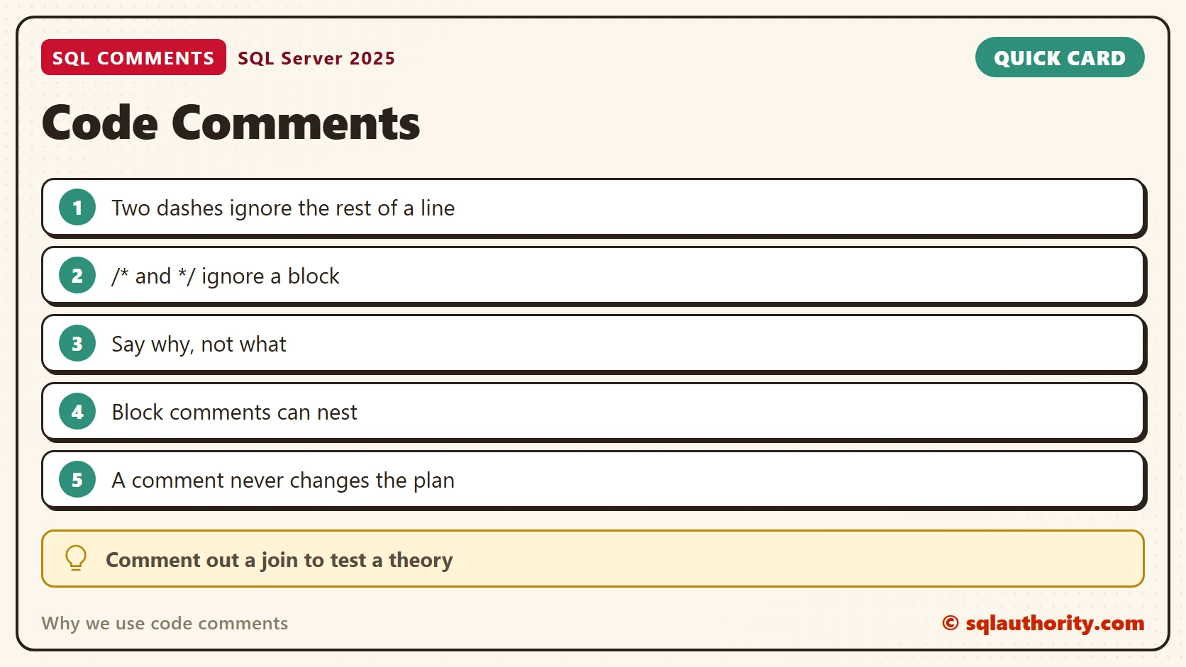 Quick reference card: Why we use code comments