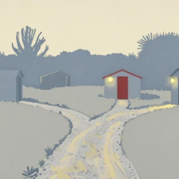 Gouache painting of a gravel track branching into footpaths leading to three sheds, the nearest with a vermilion door