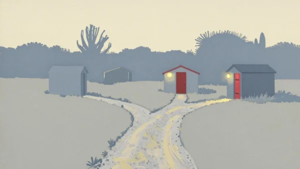 Gouache painting of a gravel track branching into footpaths leading to three sheds, the nearest with a vermilion door