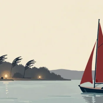 Gouache painting of a small sailboat with a loosely furled vermilion sail while trees bend in the wind behind it