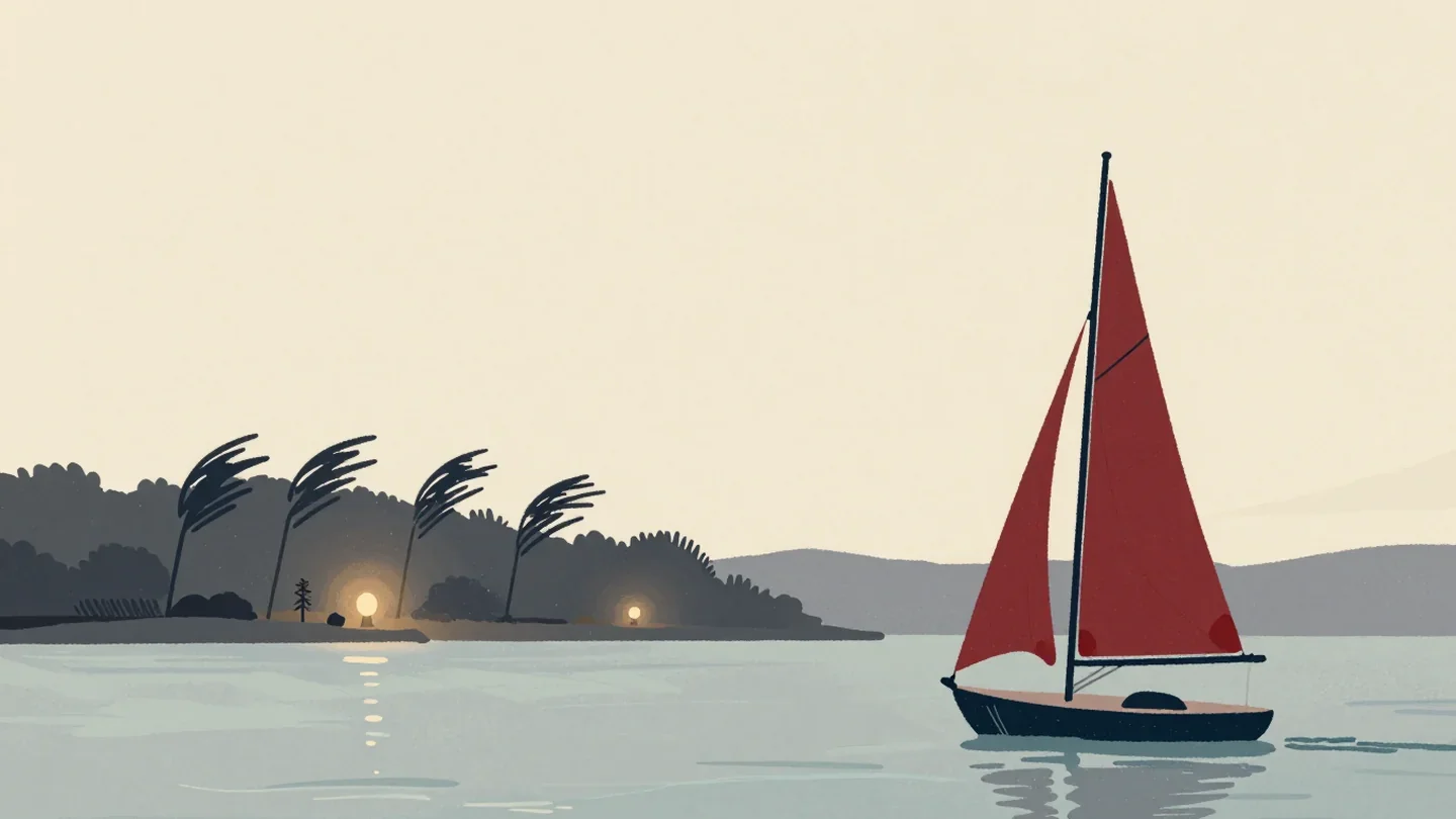 Gouache painting of a small sailboat with a loosely furled vermilion sail while trees bend in the wind behind it
