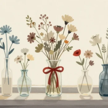 Gouache painting of a row of vases with fresh flowers and one vase of dried flowers tied with a vermilion ribbon