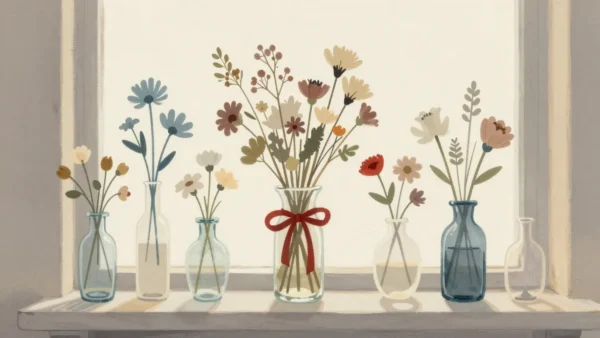 Gouache painting of a row of vases with fresh flowers and one vase of dried flowers tied with a vermilion ribbon