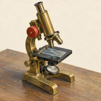 Gouache painting of a brass microscope on a wooden table with a cracked glass slide on its stage and a vermilion adjustment screw