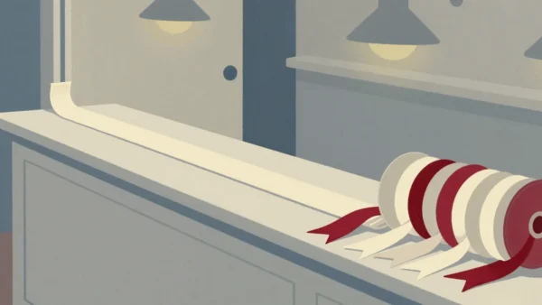 Gouache painting of a cream ribbon running off a counter edge beside a tidy roll of wound cream and vermilion ribbon