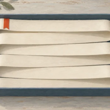 Gouache painting of one long cream paper ribbon folding back and forth in neat even rows to fit inside a slate blue frame, with a vermilion bookmark at the first fold.