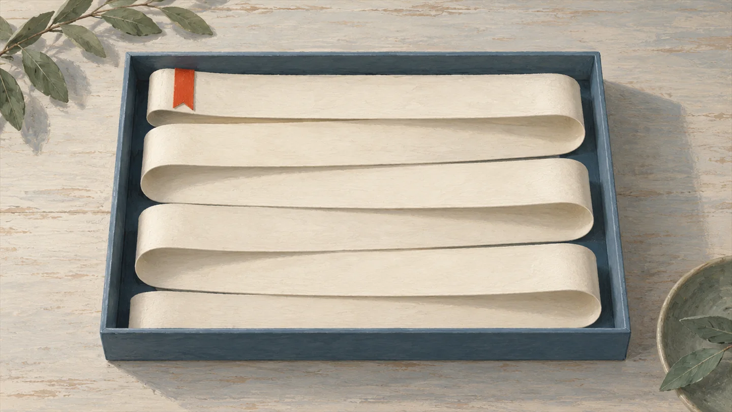 Gouache painting of one long cream paper ribbon folding back and forth in neat even rows to fit inside a slate blue frame, with a vermilion bookmark at the first fold.