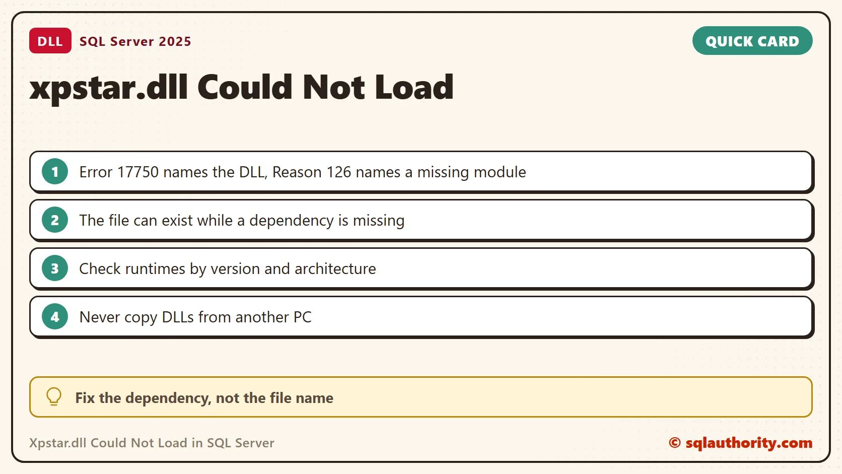 Quick reference card: Xpstar.dll Could Not Load in SQL Server: Error 17750 and Reason 126