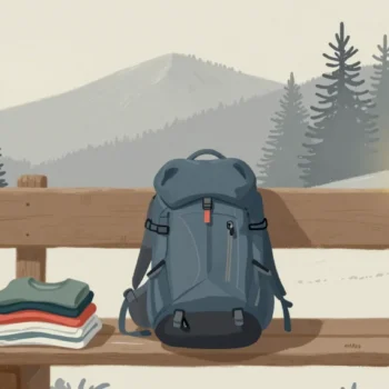 Gouache painting of a zipped hiking backpack with a red zipper pull on a trail bench beside folded shirts