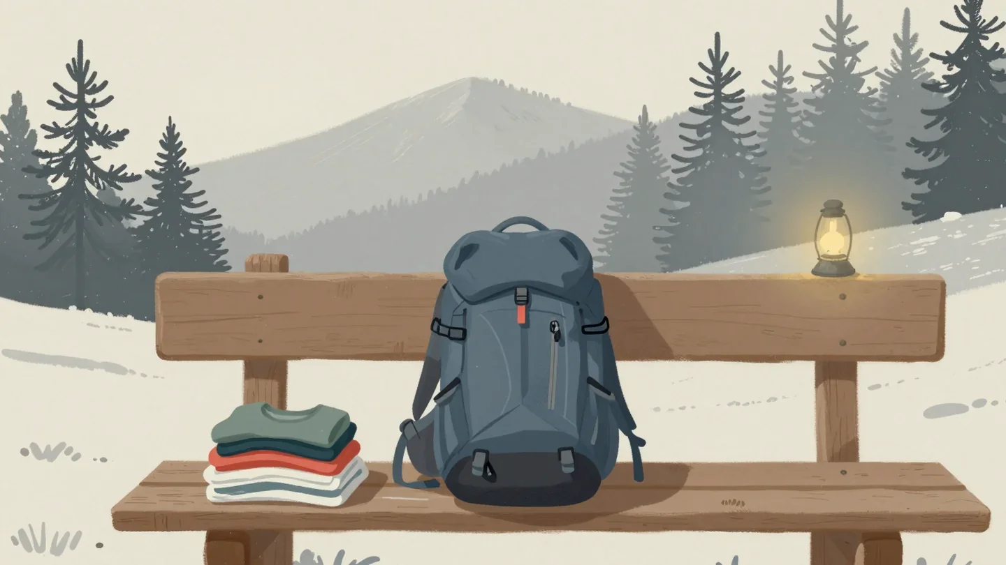 Gouache painting of a zipped hiking backpack with a red zipper pull on a trail bench beside folded shirts