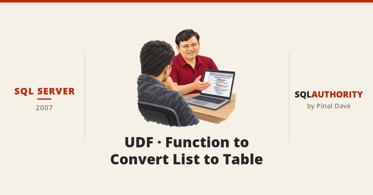 SQL SERVER - UDF - Function to Convert List to Table