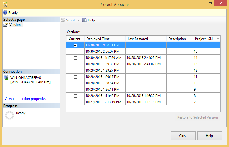 Project versions window.