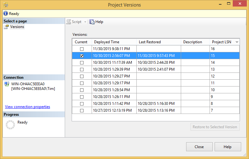 Project Versions window.