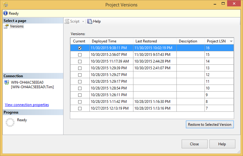 Project Versions window.