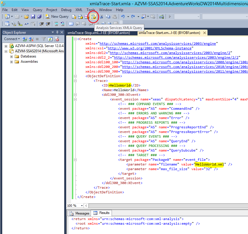 SQL Server' XML Analysis Query Window.