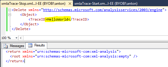 XML tracer tool window showing a deletes statement.