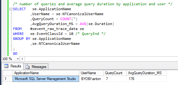 Query results results window.