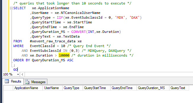 Tool window showing SQL Server queries.