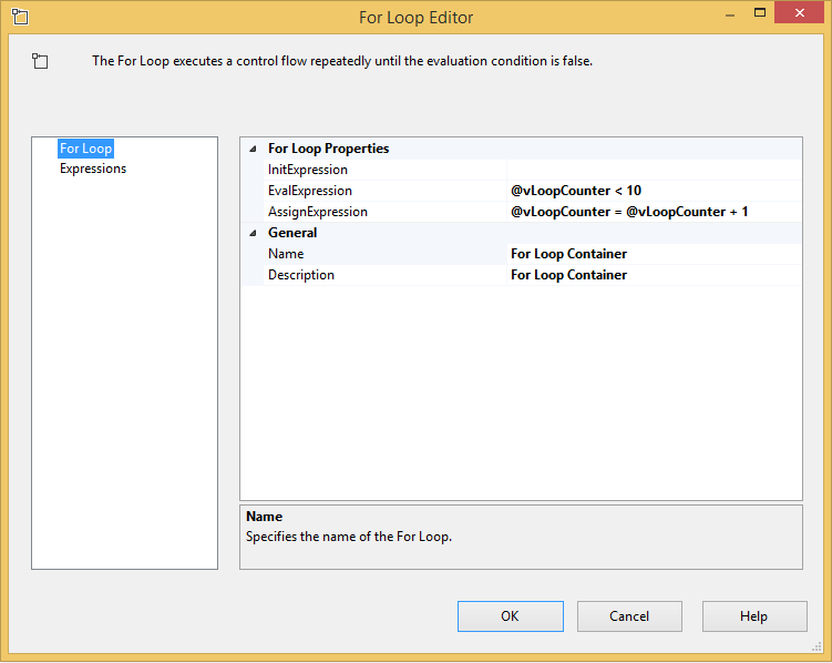 For Loop Editor window.