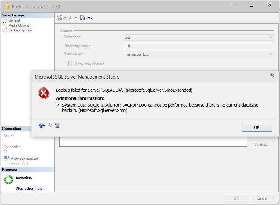 Backup failed error dialog.